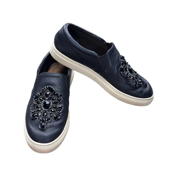 Brighton Embellished Slip-On Sneakers Size 9 Black Leather - Picture 2 of 8